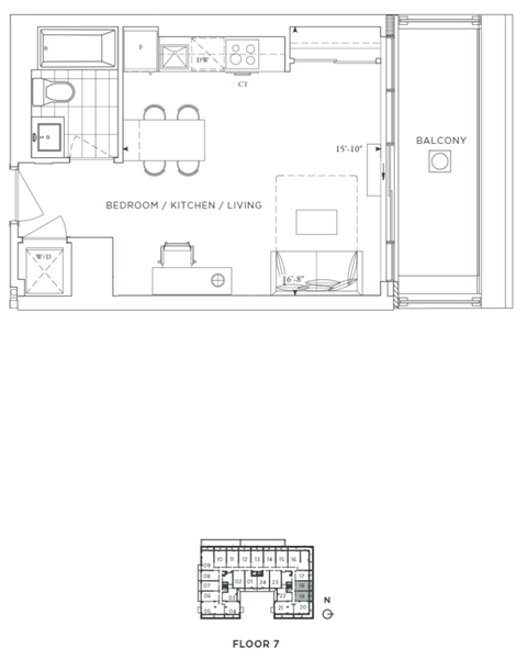 Floor plan for studio, 1 bath, 414 sqft